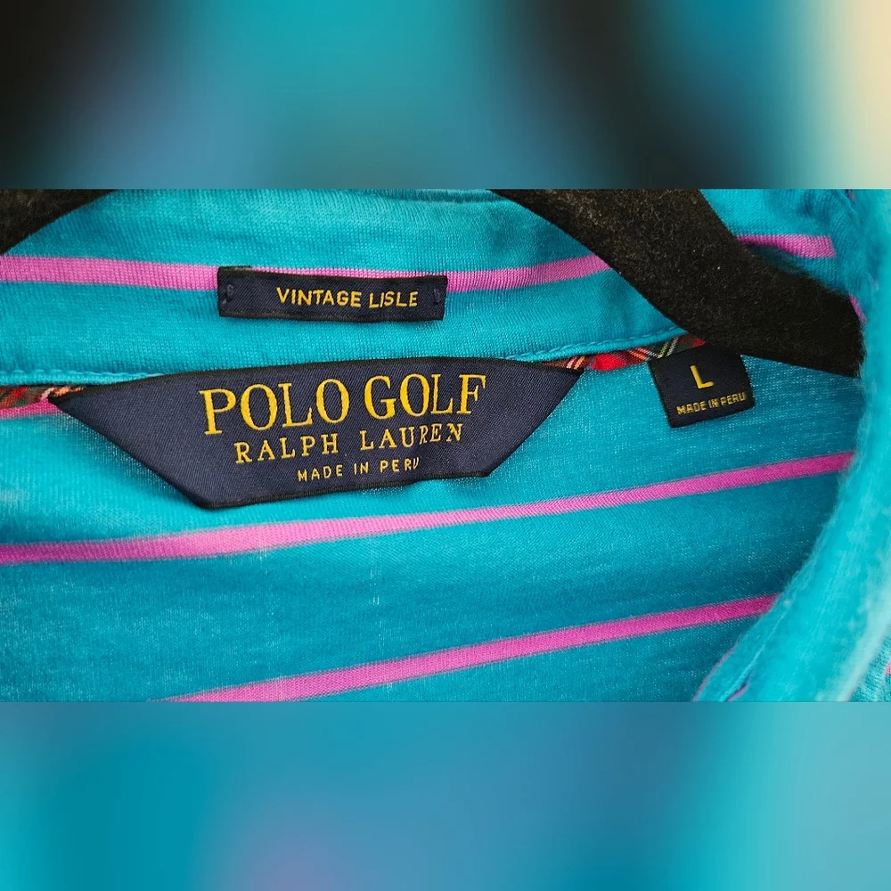 Polo Golf Ralph Lauren Teal Blue and Pink Striped Polo Shirt Size Large